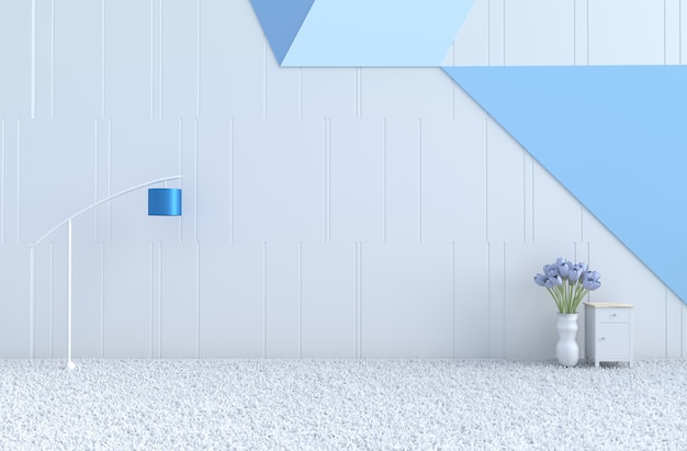 Leerer weißblauer Raum, blaue Wand, Tulpe, Lampe, Teppich. Weihnachtstag, neues Jahr. 3d rendern