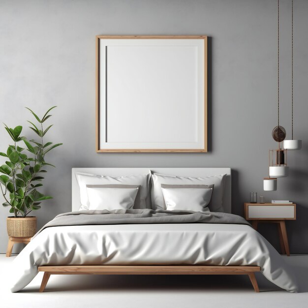 Leerer weißer Foto-Art-Rahmen-Mock-up-Design-Vorführung im modernen Schlafzimmer-Interieur