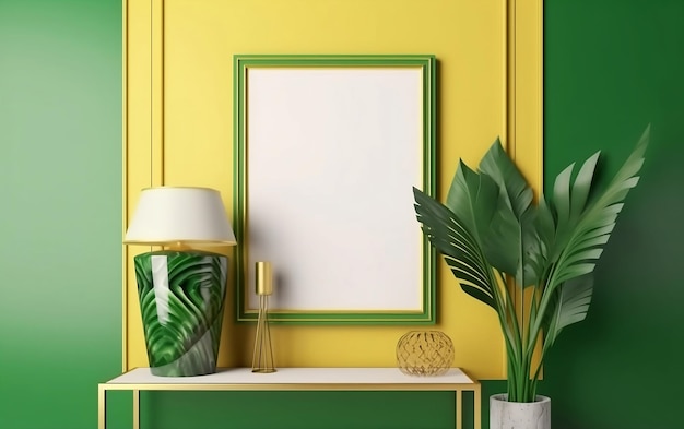 Leerer weißer Fotorahmen-Mockup auf der gelben Wand, grüne Topfpflanze und Lampe