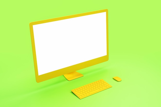 Leerer weißer Mock-up-Bildschirm eines modernen gelben Computers mit abstraktem hellgrünem Hintergrund 3D-Rendering