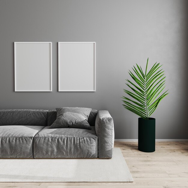 Leerer weißer Posterrahmen im modernen Wohnzimmer. Hintergrund: Skandinavischer Stil. Wohnzimmer-Mockup mit grauem Sofa und grüner Pflanze auf Holzlaminatboden. 3D-Rendering.