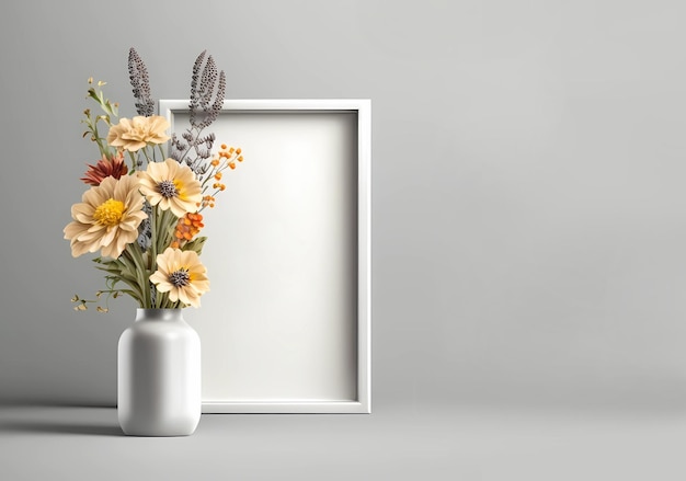 Leerer weißer Rahmen und kleine Blumen in stilvoller Keramikvase auf pastellgrauem Hintergrund. Attrappe mit Dekorelementen, Illustration, Aquarellzeichnung, generative KI-Illustration