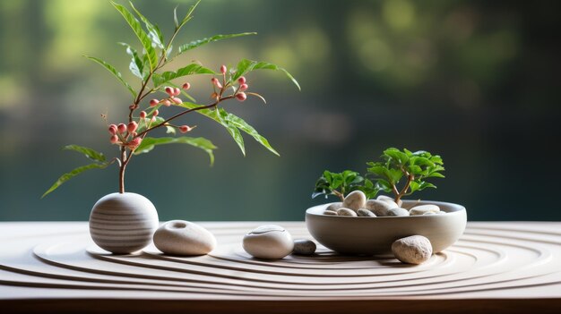 Foto leerer zen-garten mit geräkeltem sand und glatten steinen, ruhig und minimalistisch, der achtsamkeit symbolisiert.