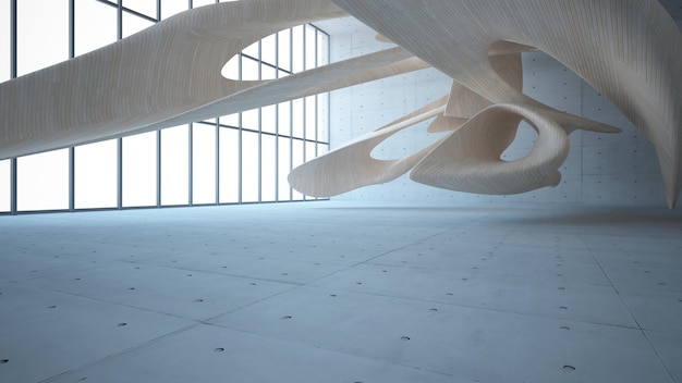 Leeres abstraktes Betonglas und Holz glatter Innenraum Architektonischer Hintergrund 3D-Darstellung