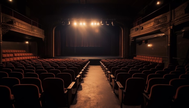 Leeres Auditorium, beleuchtete Bühne, bequeme Samtsitze, die von KI generiert werden