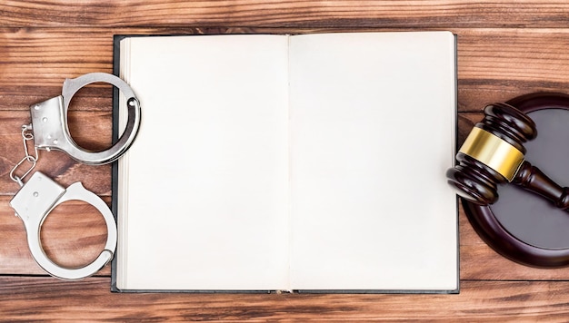 Foto leeres aufgeschlagenes buch mit hammer und handschellen auf dem tisch draufsicht platz für text