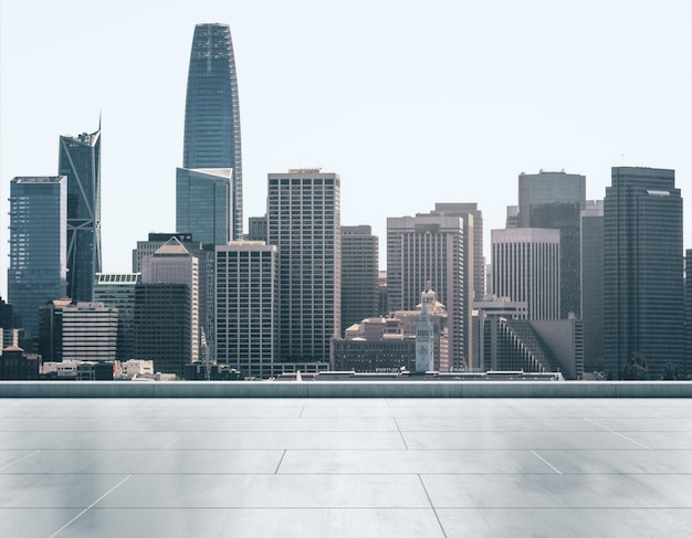 Leeres Betondach auf dem Hintergrund einer wunderschönen Skyline von San Francisco bei Sonnenuntergang