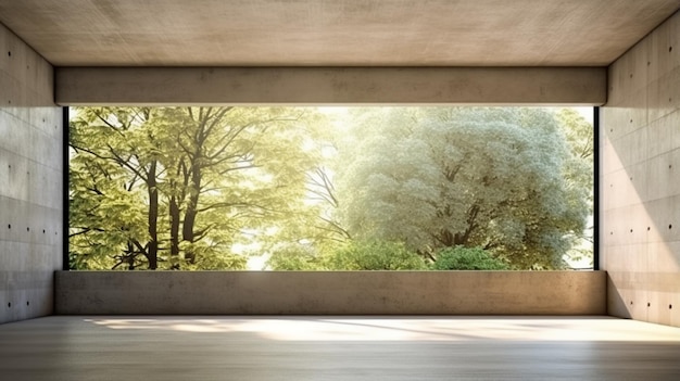 Foto leeres betonzimmer mit großem fenster auf naturhintergrund