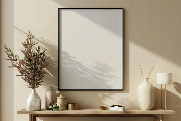 Leeres Bild in schwarzem Rahmen im minimalistischen Beige-Design-Interieur