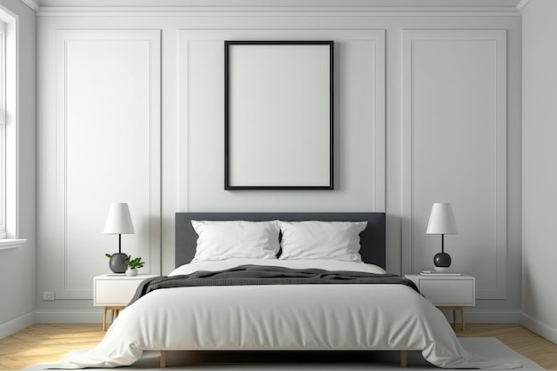 Leeres Bilderrahmen-Modell an der Wand über dem Bett im Schlafzimmer