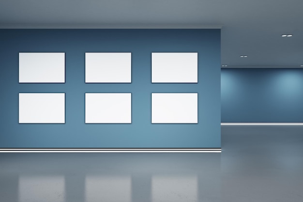 Leeres blaues Galerieinterieur mit leeren weißen Mock-up-Postern an der Wand und Reflexionen auf dem Boden Kunst ohne Menschen Museum und Ausstellungskonzept 3D-Rendering