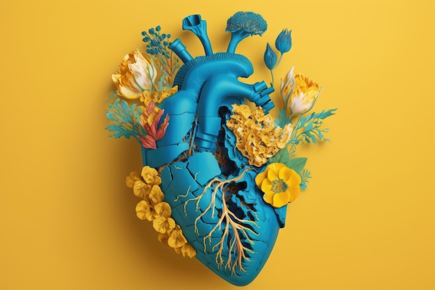 Leeres blaues menschliches Herz mit Blumen auf gelbem Hintergrund