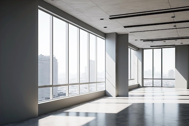 Leeres Büro im minimalistischen Stil mit Panoramafenstern und Blick auf die Stadt