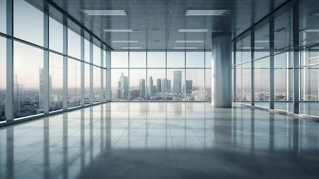 Leeres Büro mit einer Stadtlandschaft im Hintergrund