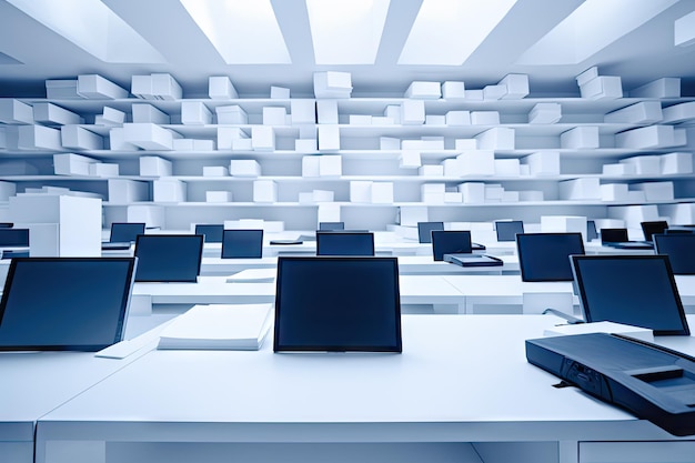 Foto leeres büro mit schreibtischen und laptops großes modernes büro eine nacht zeitgenössisches minimalistisches büro