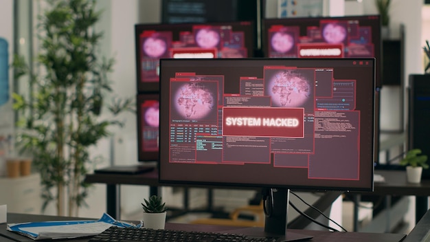 Leeres Codierungsbüro mit Monitoren, die Sicherheitsverletzungswarnungen und kritische Fehlermeldungen auf Bildschirmen anzeigen. Mehrere Computer auf dem Schreibtisch, die Hacking-Angriffe und Fehlfunktionen anzeigen.