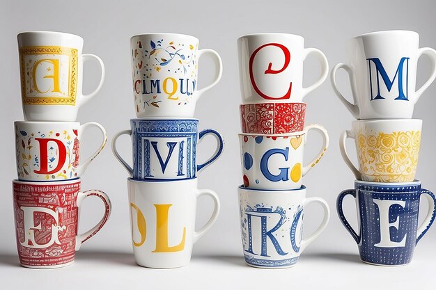 Leeres dekoratives weißes keramisches Alphabetmuster mit einem auf weißem Hintergrund isolierten Griffbecher, moderner Glasbecher für Tee, Kaffee oder Milch, handgefertigt in verschiedenen Farben, quadratischer Form, rot, blau, gelb