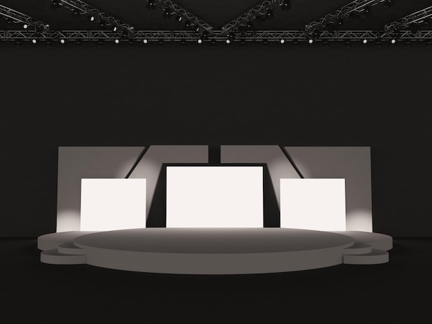 Leeres Event-Bühnendesign für Mockup und Corporate Identity mit weißen Bildschirmen.