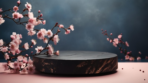 Foto leeres felspodium mit blühenden sakura-zweigen vor dem hintergrund der natur aus natürlichem material