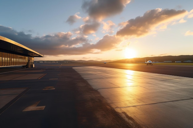Leeres Flughafenterminal mit Blick auf das Rollfeld und die Start- und Landebahnen bei Sonnenuntergang, erstellt mit generativer KI