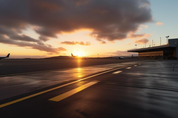 Leeres Flughafenterminal mit Blick auf das Rollfeld und die Start- und Landebahnen bei Sonnenuntergang, erstellt mit generativer KI