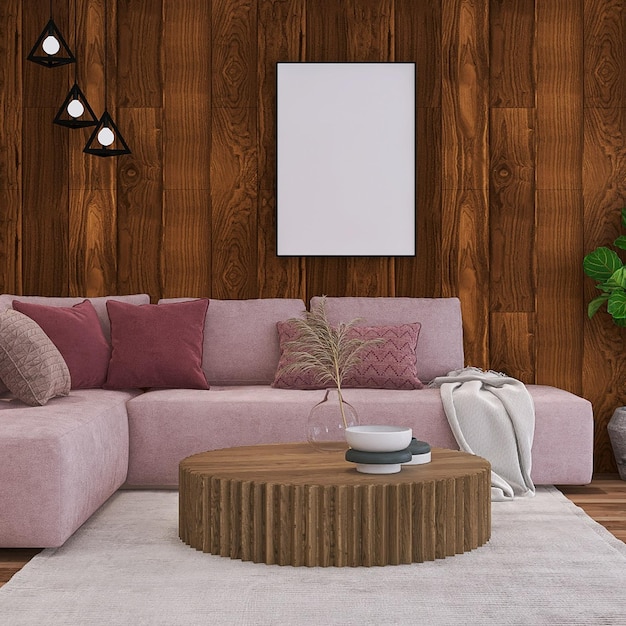 Leeres Fotorahmen-Modell im modernen Wohnzimmer-Innendesign mit Sofa, Tisch, Holzhintergrund