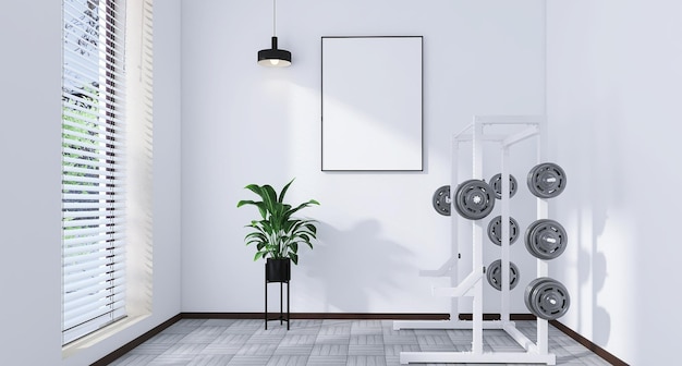 Leeres Fotorahmen-Modell in minimalem Fitnessstudio-Setup mit Gewichtsständer und Zimmerpflanzen