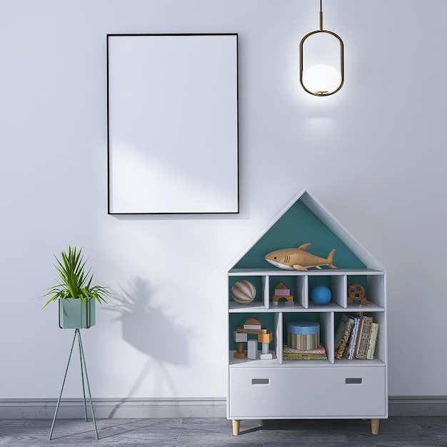 Leeres Fotorahmen-Modell in minimalem Kinderzimmer-Innendesign mit Kinder-Aufbewahrungsschrank