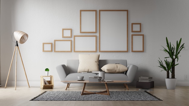Leeres Fotorahmeninnenwohnzimmer mit weißem Sofa. 3D-Rendering.