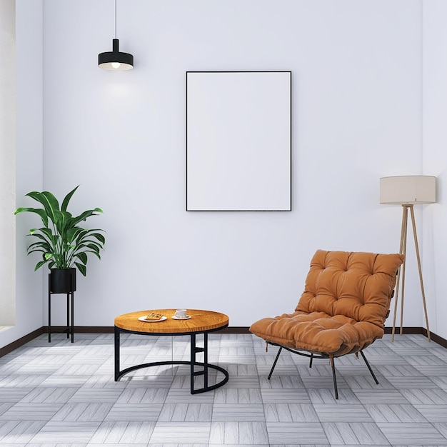 Leeres Fotorahmenmodell in minimaler Wohnzimmer-Innenarchitekturszene mit rundem Tisch des Liegestuhls