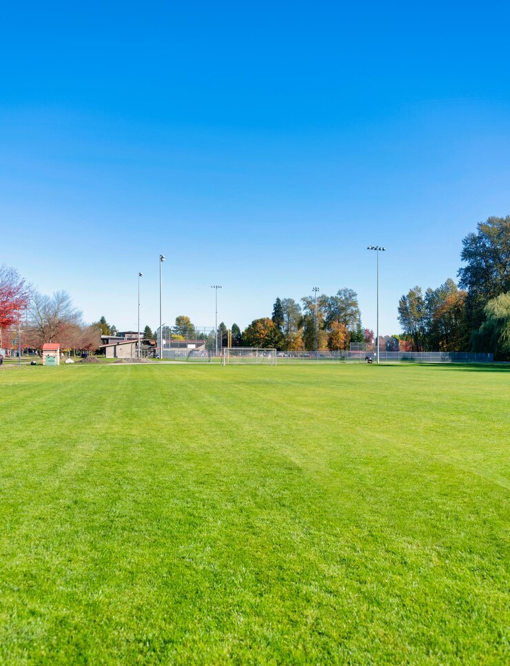 Leeres Fußballfeld mit dem Tor am Ende vor blauem Himmelshintergrund