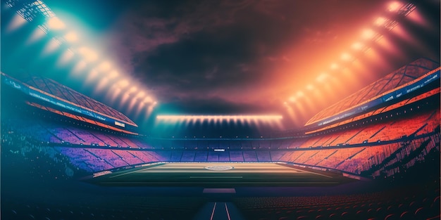 Leeres Fußballstadion mit Lichtern an der Decke und dem Wort Fußball unten.