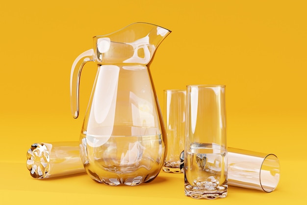 Leeres Geschirr Set Dekanter mit Gläsern auf einem gelben isolierten Hintergrund gesundes Lifestyle-Konzept