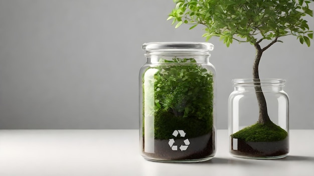 Leeres Glaskrug-Null-Abfall-Mockup auf isoliertem Hintergrund mit Erde und einem grünen Baumwachstum