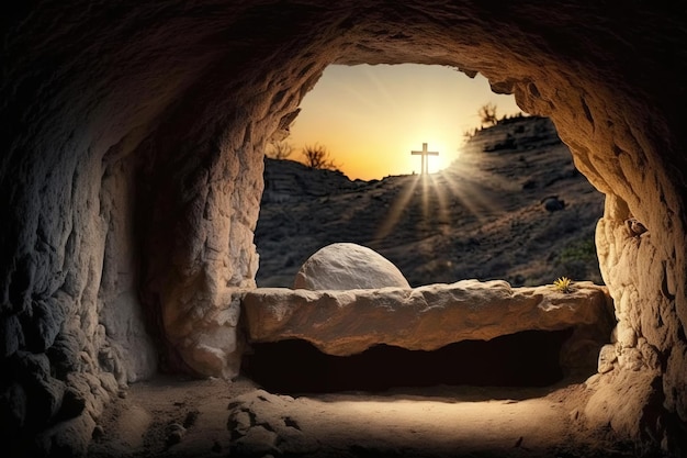Leeres Grab Jesu mit Kreuzen bei Sonnenaufgang