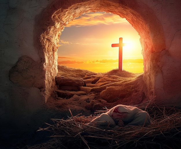 Leeres Grab mit Kreuzigung bei Sonnenaufgang Auferstehungskonzept