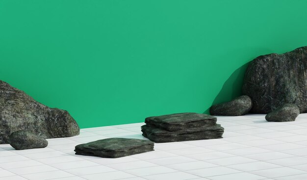 Leeres grünes Studio mit weißem Fliesen- und Felsenhintergrund. perfekt für die sommerschene