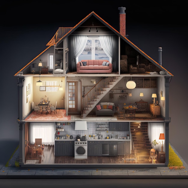 Leeres Haus Querschnitt 3D-Darstellung