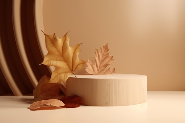 Leeres hölzernes Tischpodest, dekoriert mit trockenen Herbstblättern, verschwommener Hintergrund von Herbstpflanzen mit Raum. Bio-Produkt stellt natürliche Podestplatzierung dar. Herbstkonzept Generative KI