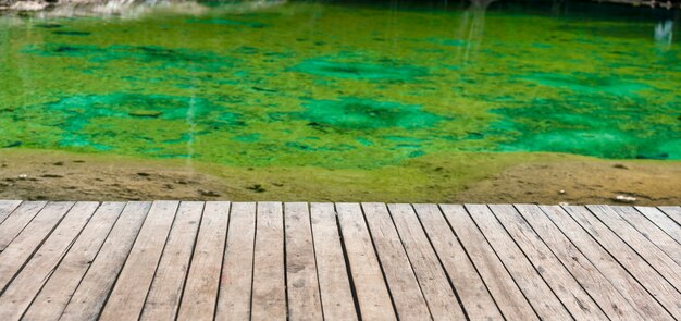 Leeres Holz mit Kopierraum und grünem Wasser