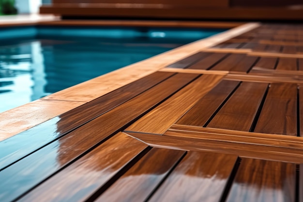 Foto leeres holzdeck mit schwimmbad