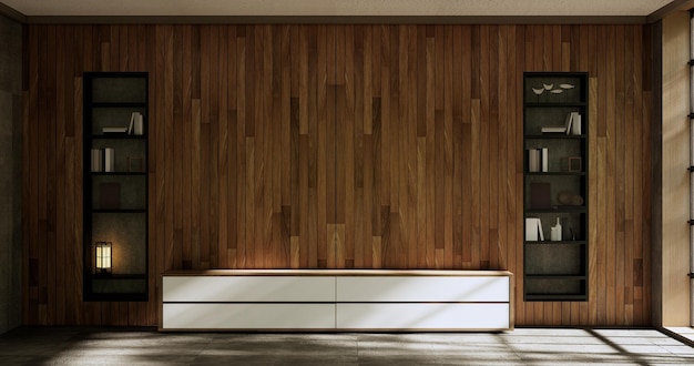 Leeres Holzgehäuse auf Holzzimmer tropisches style3D-Rendering