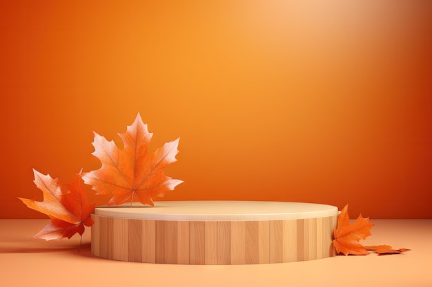 Leeres Holzpodest in einem Studio, auf dem Schönheitsprodukte inmitten fallender Blätter auf einem orangefarbenen Hintergrund präsentiert werden