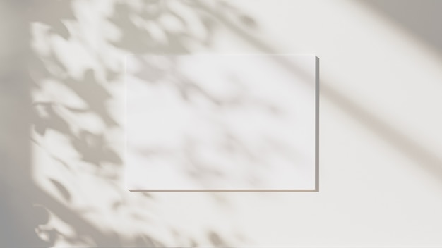 Leeres horizontales Poster mit Blätterschatten und Sonnenlicht auf neutralem weißem Wandhintergrund, 3D-Darstellung