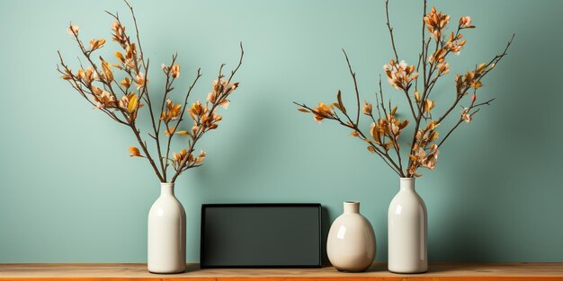 Leeres horizontales Rahmen-Mockup im modernen minimalistischen Interieur mit Pflanze in trendiger Vase auf weißem Wandhintergrund