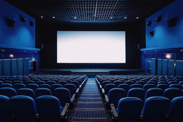Leeres Kino in blauer Farbe mit weißem leeren Bildschirm