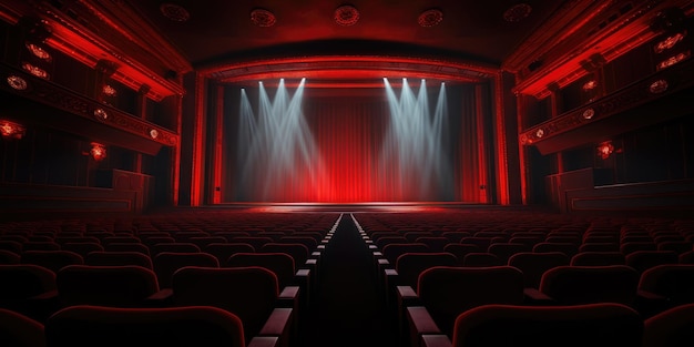 Leeres Kino-Interior mit roten Sitzen und beleuchtetem roten Vorhang über der Bühne