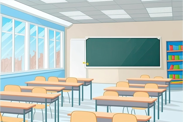 Leeres Klassenzimmer im Cartoon-Stil in der Schule Die Idee einer Schule ohne Schüler ein Bild