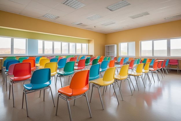 Leeres Klassenzimmer mit vielen leeren bunten Sesseln