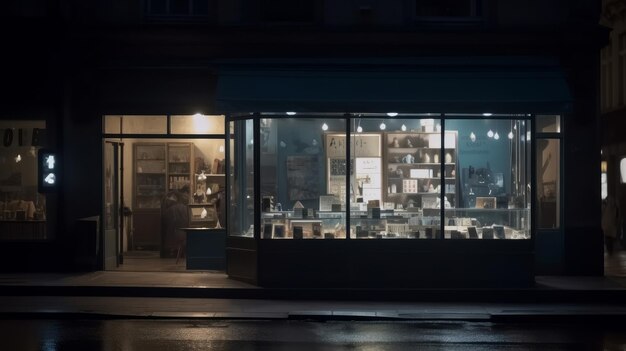 Leeres Ladenlayout, Straßenschaufenster in der Stadt bei Nacht Illustration AI GenerativexA